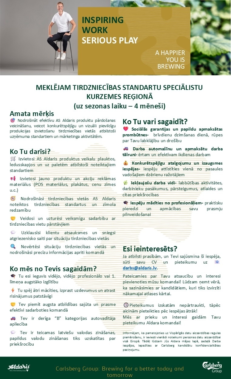Aldaris, AS Tirdzniecības standartu speciālists/-e Kurzemes reģionā (uz laiku 4 mēn.)