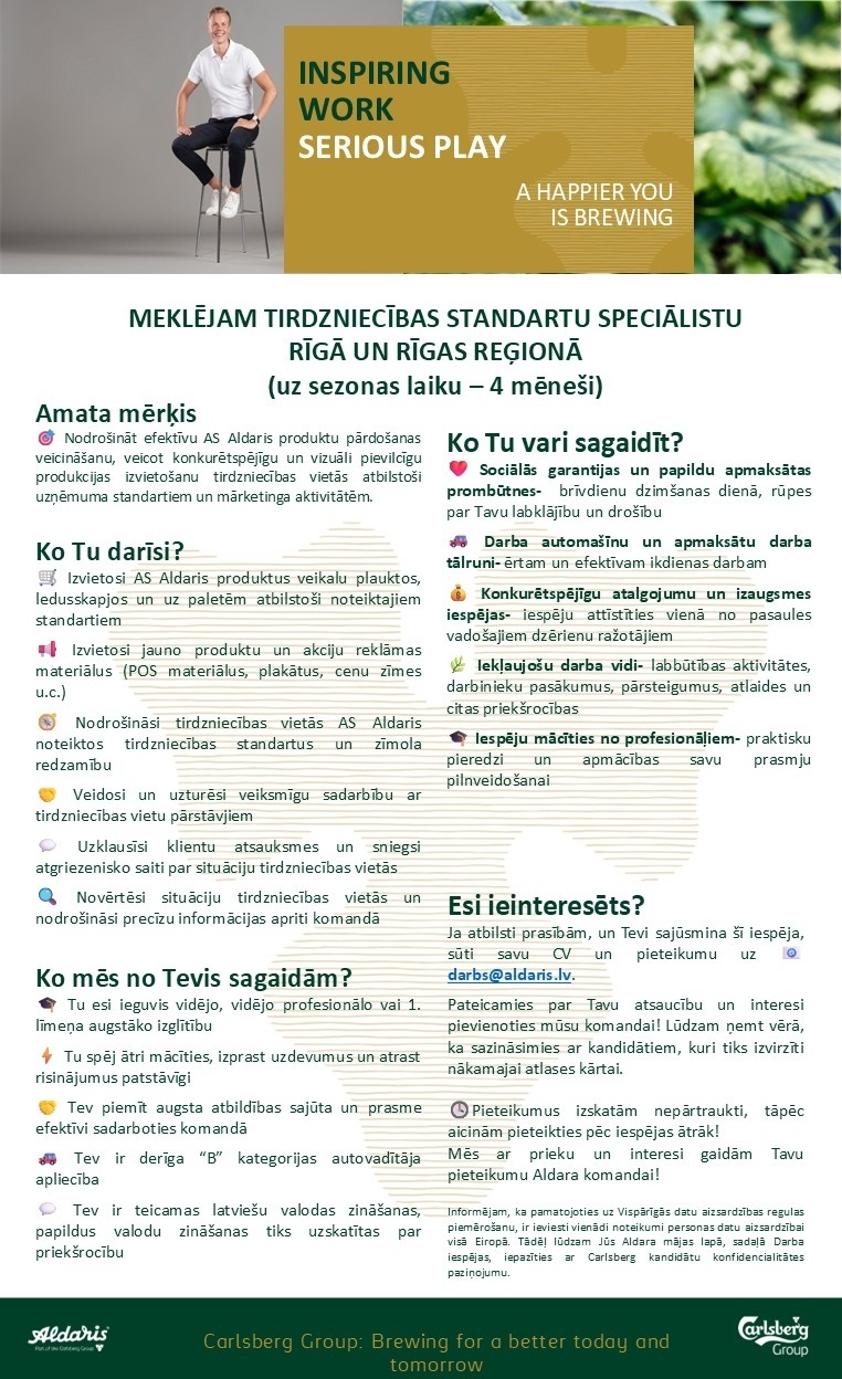 Aldaris, AS Tirdzniecības standartu speciālists/-e Rīgā un Rīgas reģionā (uz laiku)