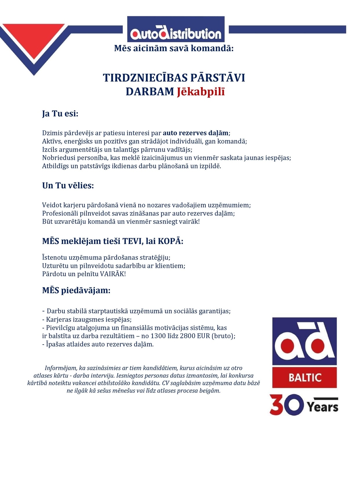 AD BALTIC, SIA Tirdzniecības pārstāvis/-e