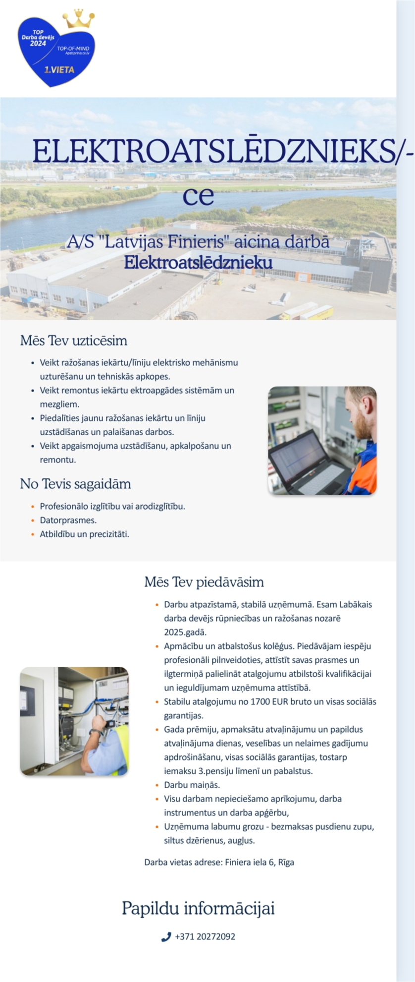 AS "Latvijas Finieris" Elektroatslēdznieks/-ce