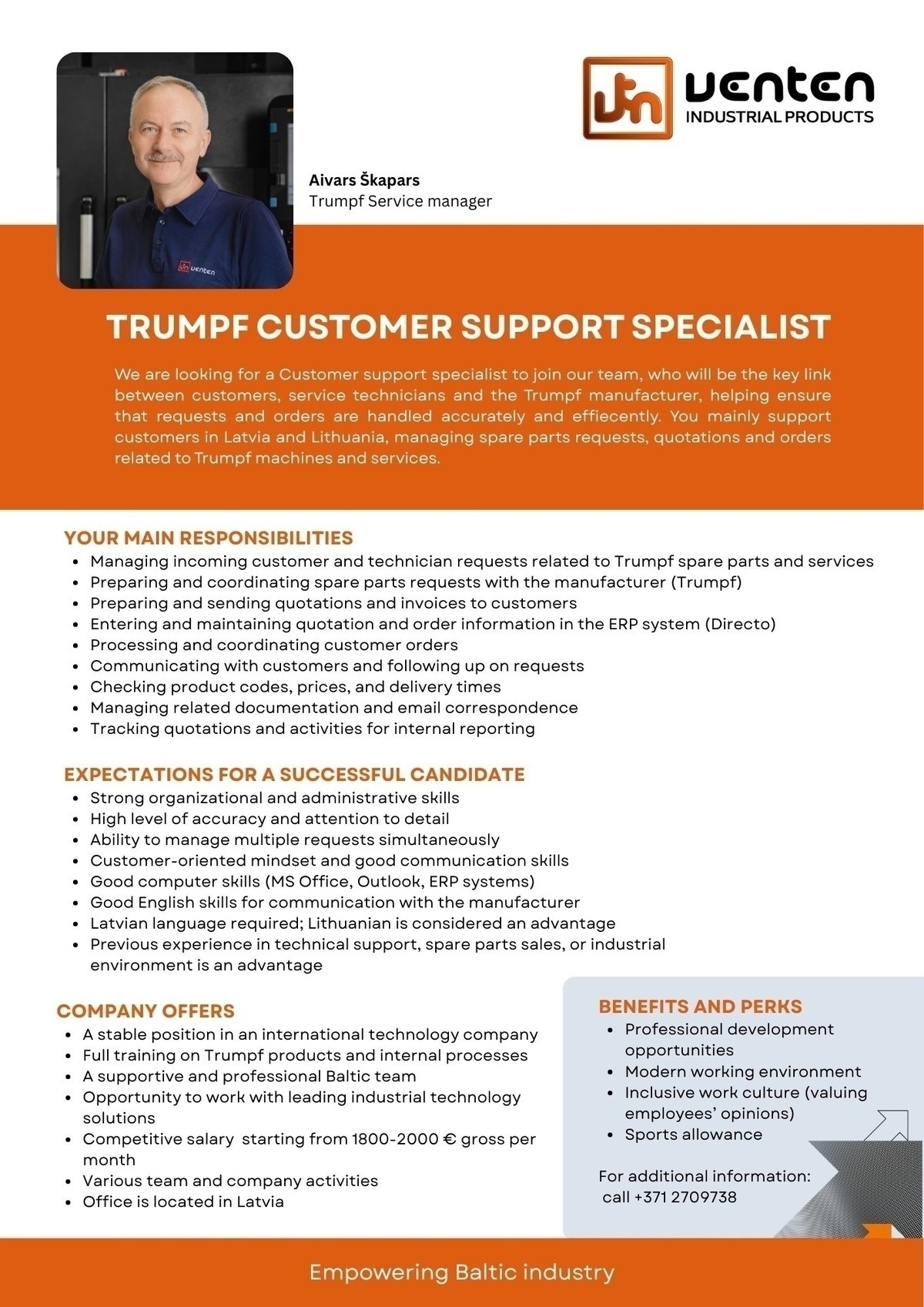 Venten OÜ Trumpf customer support specialist/ "Tumpf" klientu atbalsta speciālists/-e