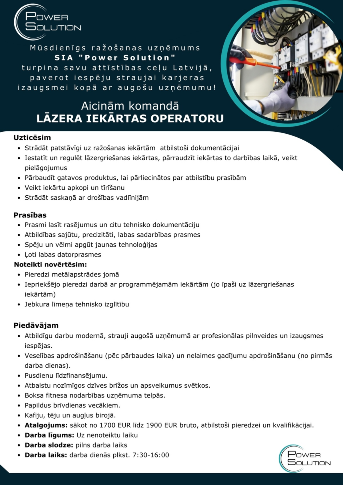 Power Solution, SIA Lāzera Iekārtas operators/-e