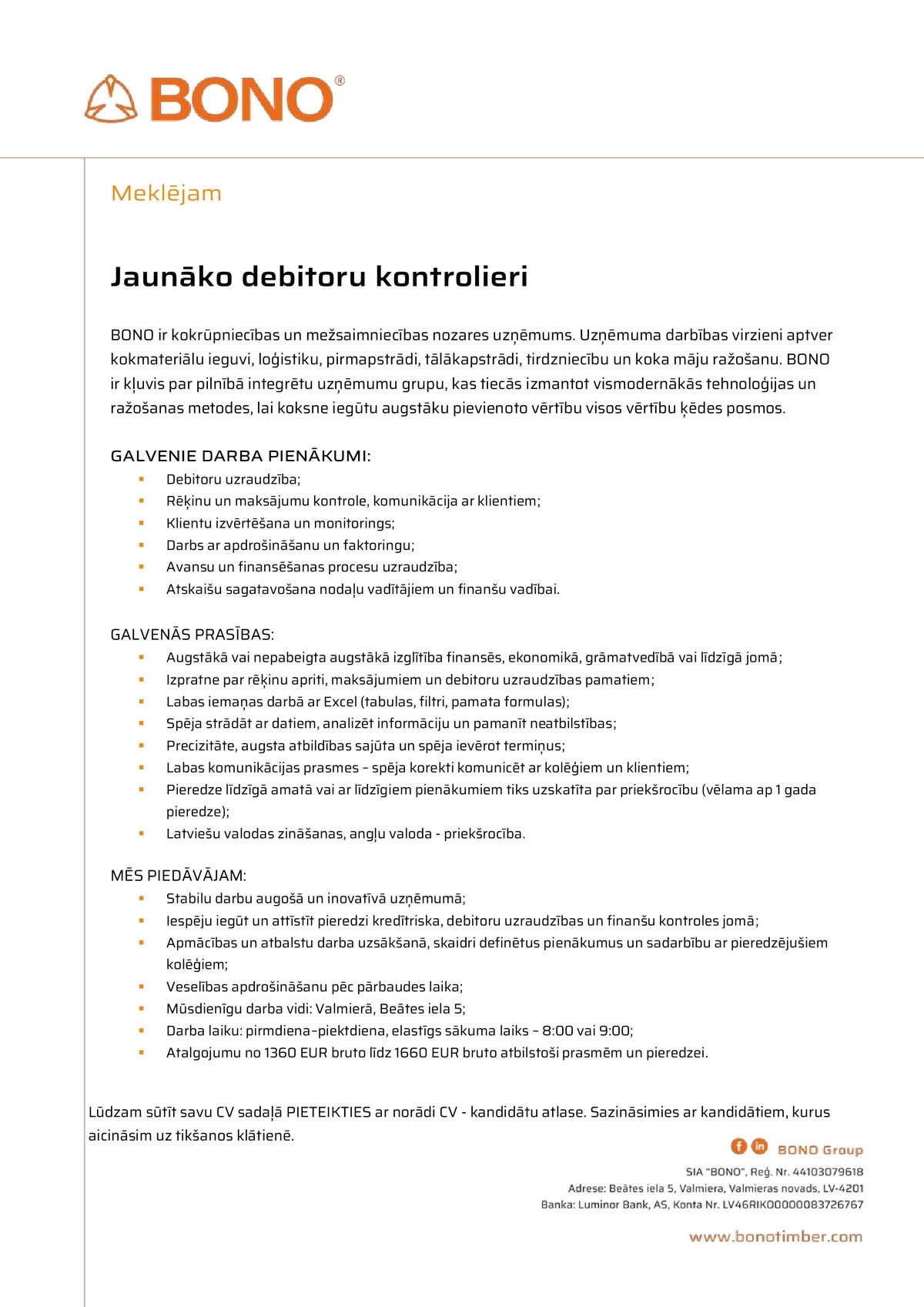 BONO, SIA Jaunākais debitoru kontrolieris/-e