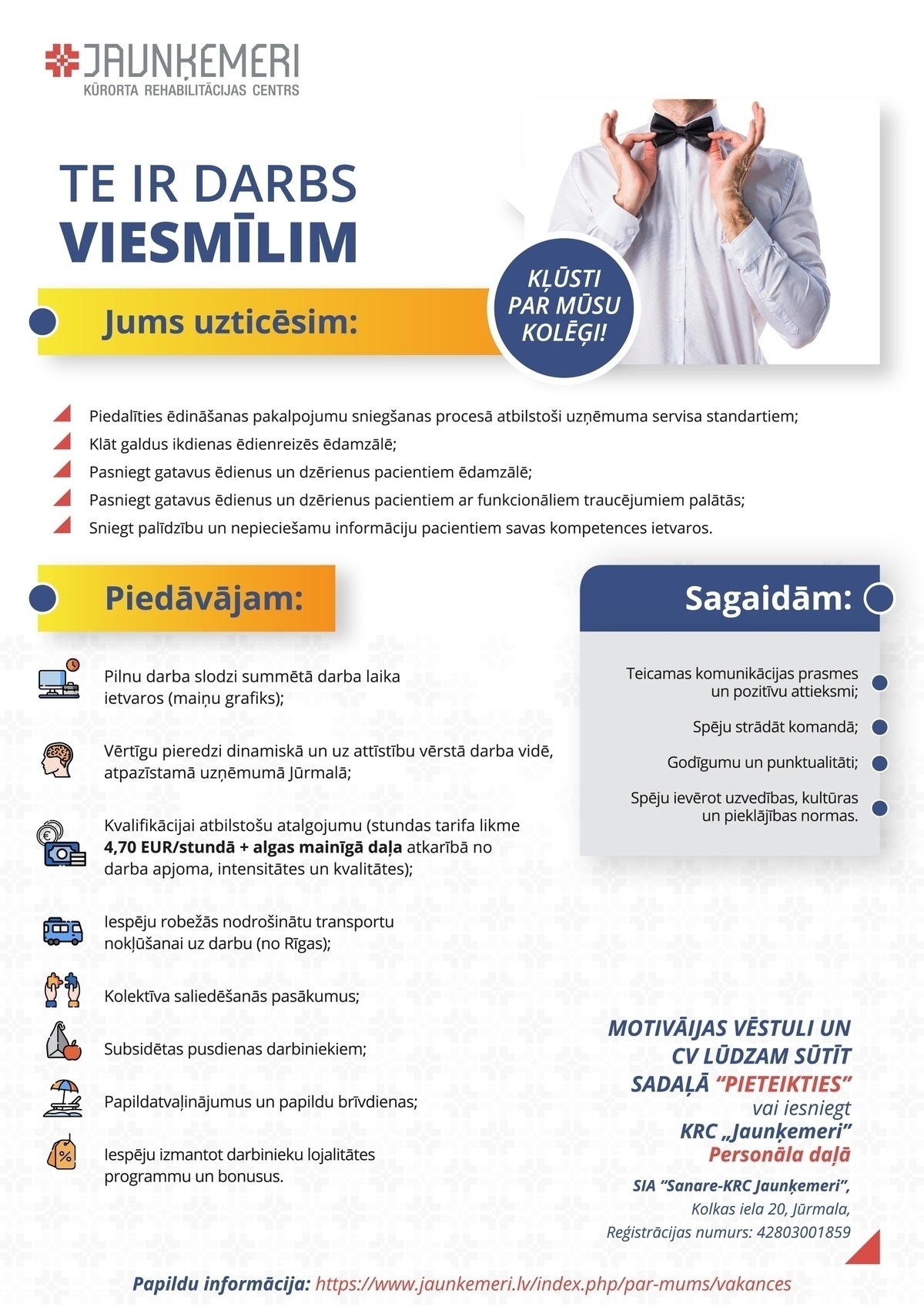 SANARE-KRC JAUNĶEMERI, SIA Viesmīlis/-e