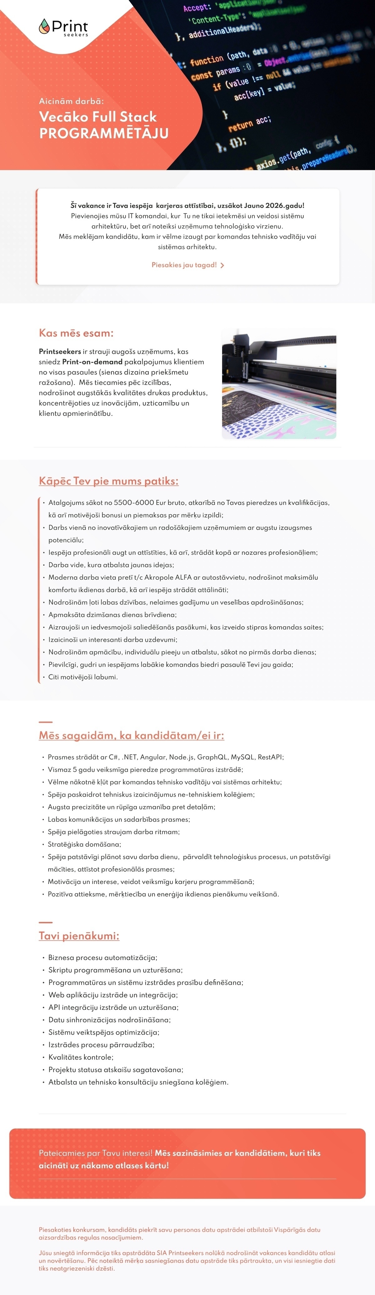 Printseekers, SIA Vecākais/-ā Full Stack programmētājs/-a