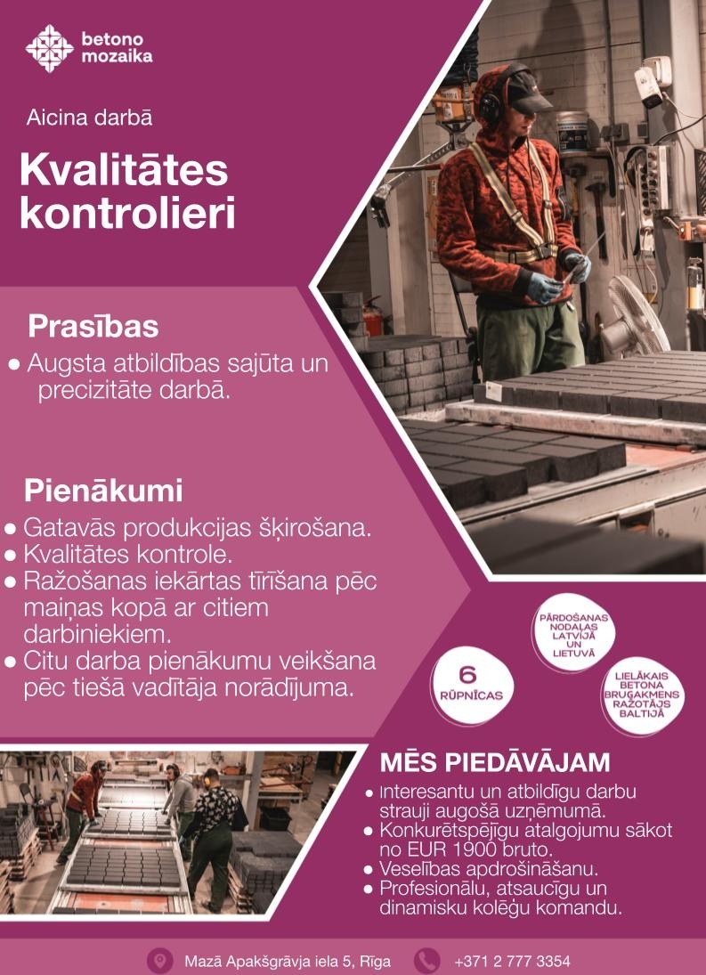 Betono Mozaika, SIA Kvalitātes kontrolieris/-e