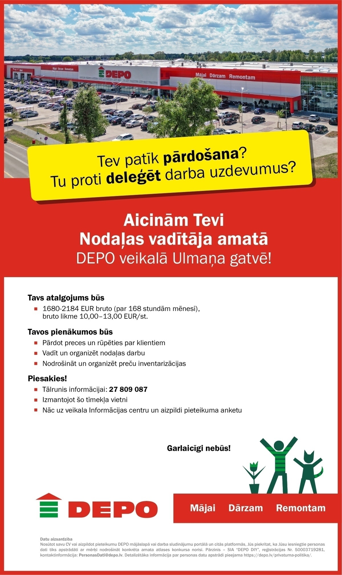 DEPO DIY, SIA Nodaļas vadītājs/-a Ulmaņa gatvē