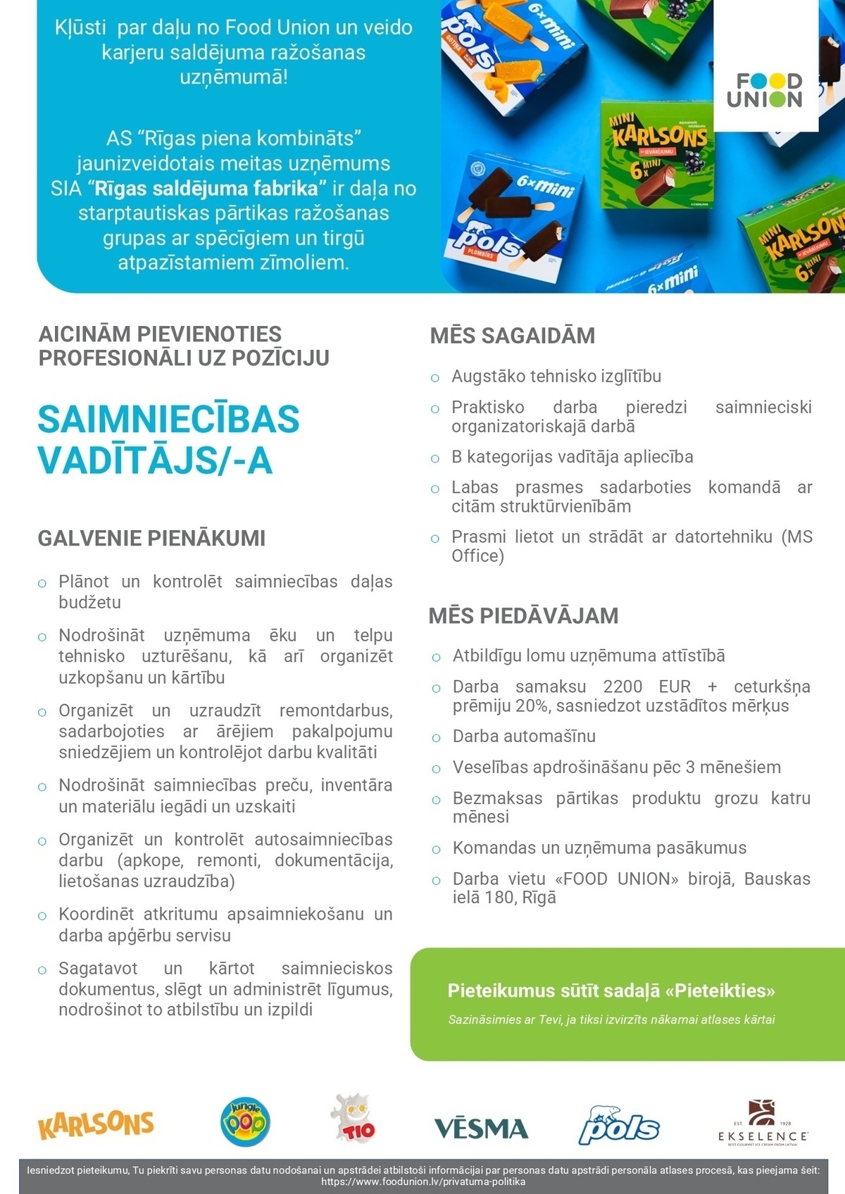 RĪGAS PIENA KOMBINĀTS, AS Saimniecības vadītājs/-a