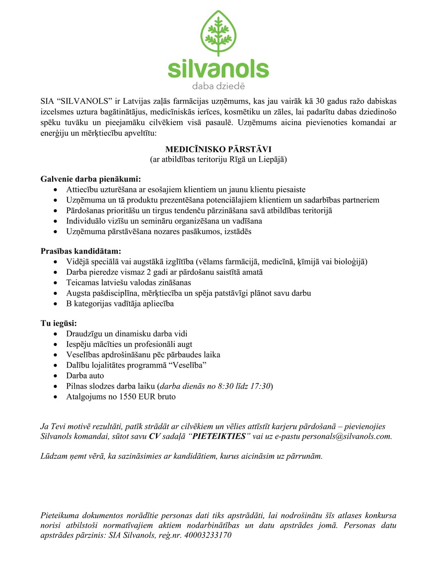SIA "Silvanols" Medicīniskais pārstāvis/-e