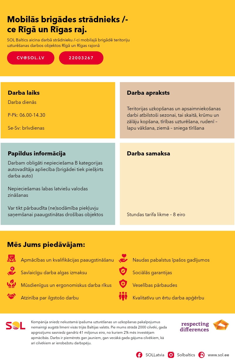SOL BALTICS OU Latvijas filiāle Mobilās brigādes strādnieks /-ce Rīgā un Rīgas raj.