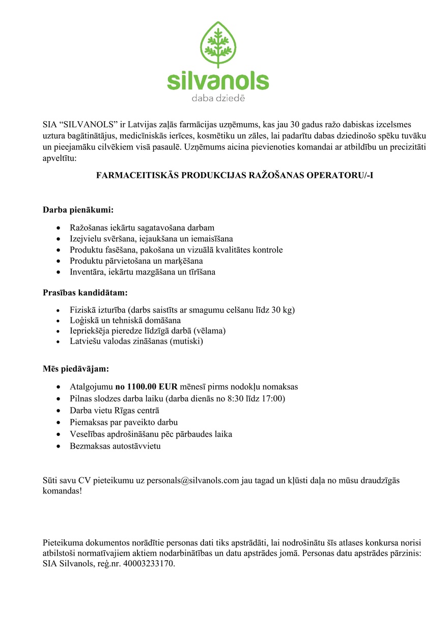 SIA "Silvanols" Ražošanas līnijas operators
