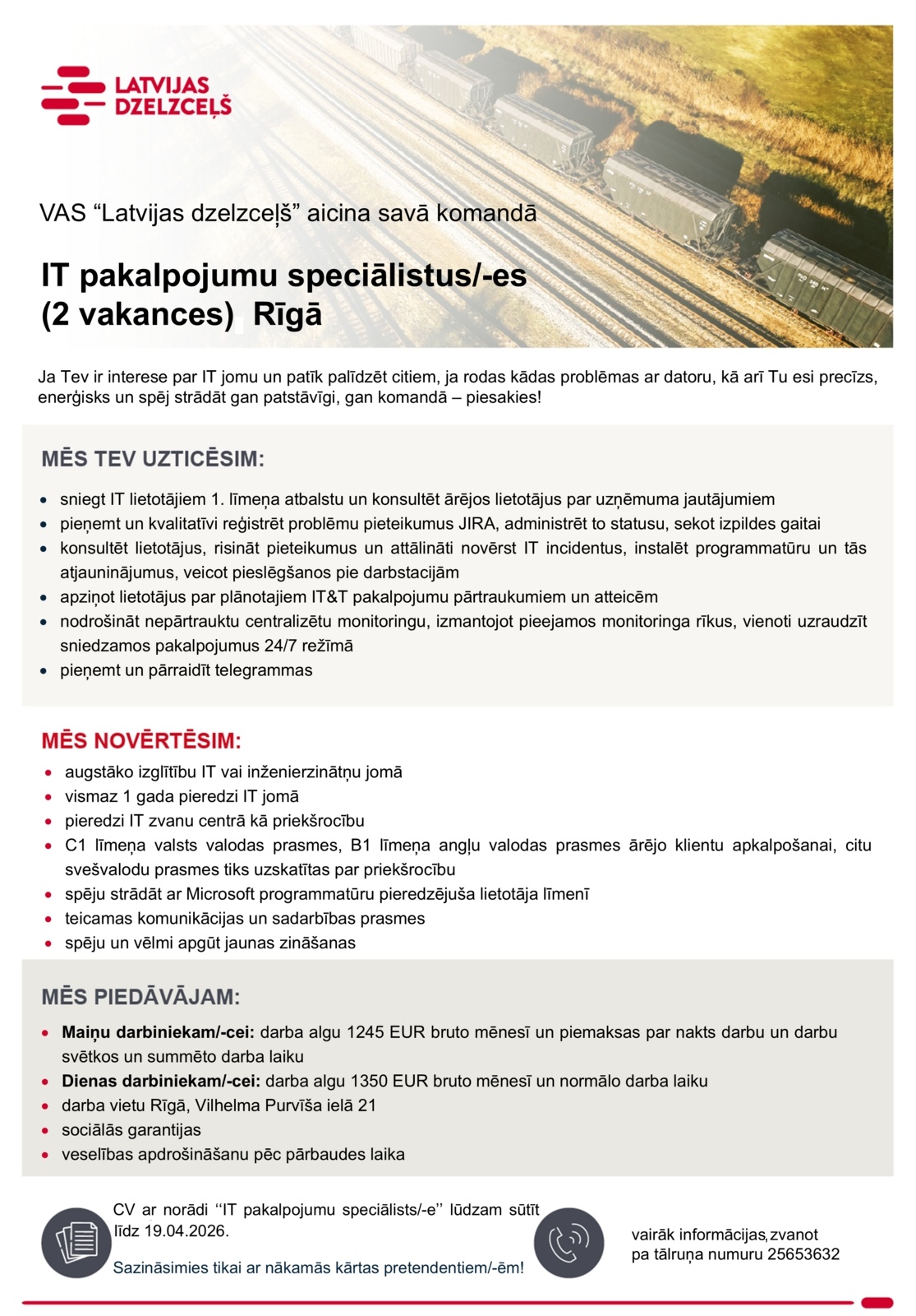 Latvijas dzelzceļš, VAS IT pakalpojumu speciālists/-e (2 vakances)