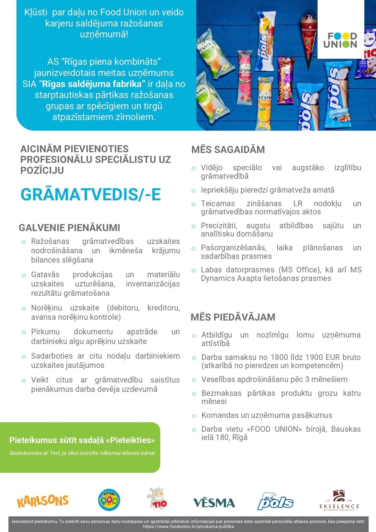 RĪGAS PIENA KOMBINĀTS, AS Grāmatvedis/-e