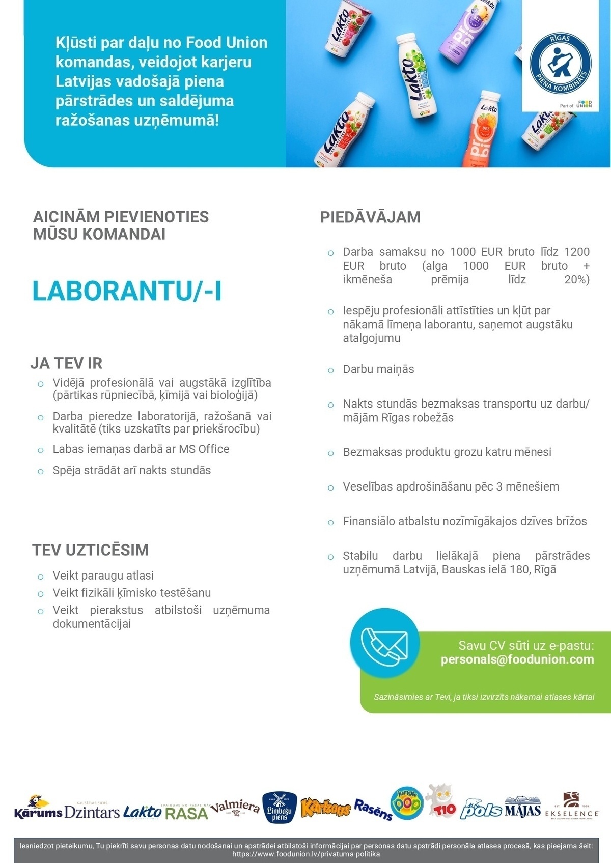 Rīgas piena kombināts, AS Laborants/-e