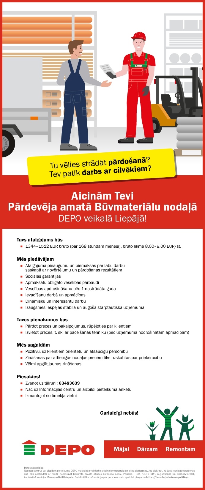 DEPO DIY, SIA Pārdevējs/-a būvmateriālu nodaļā Liepājā