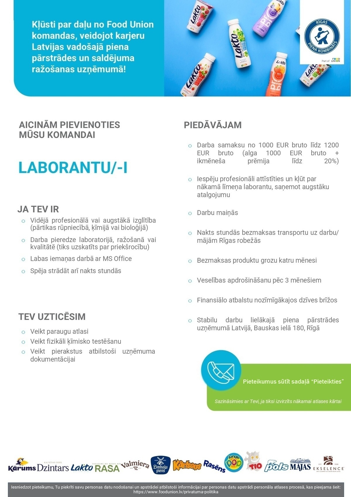 Rīgas piena kombināts, AS Laborants/-e