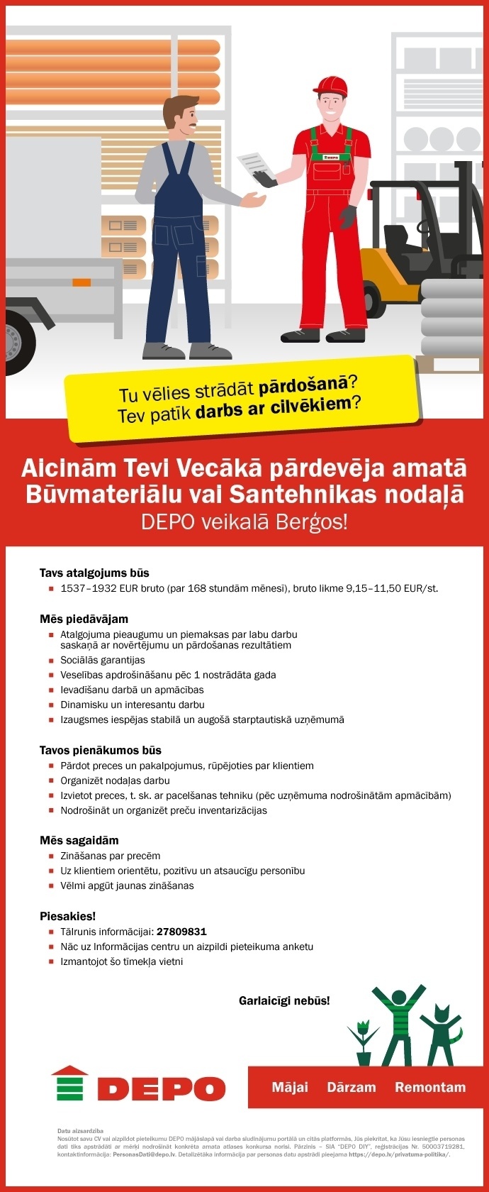 DEPO DIY, SIA Vecākais/-ā pārdevējs/-a būvmateriālu vai santehnikas nodaļā Berģos