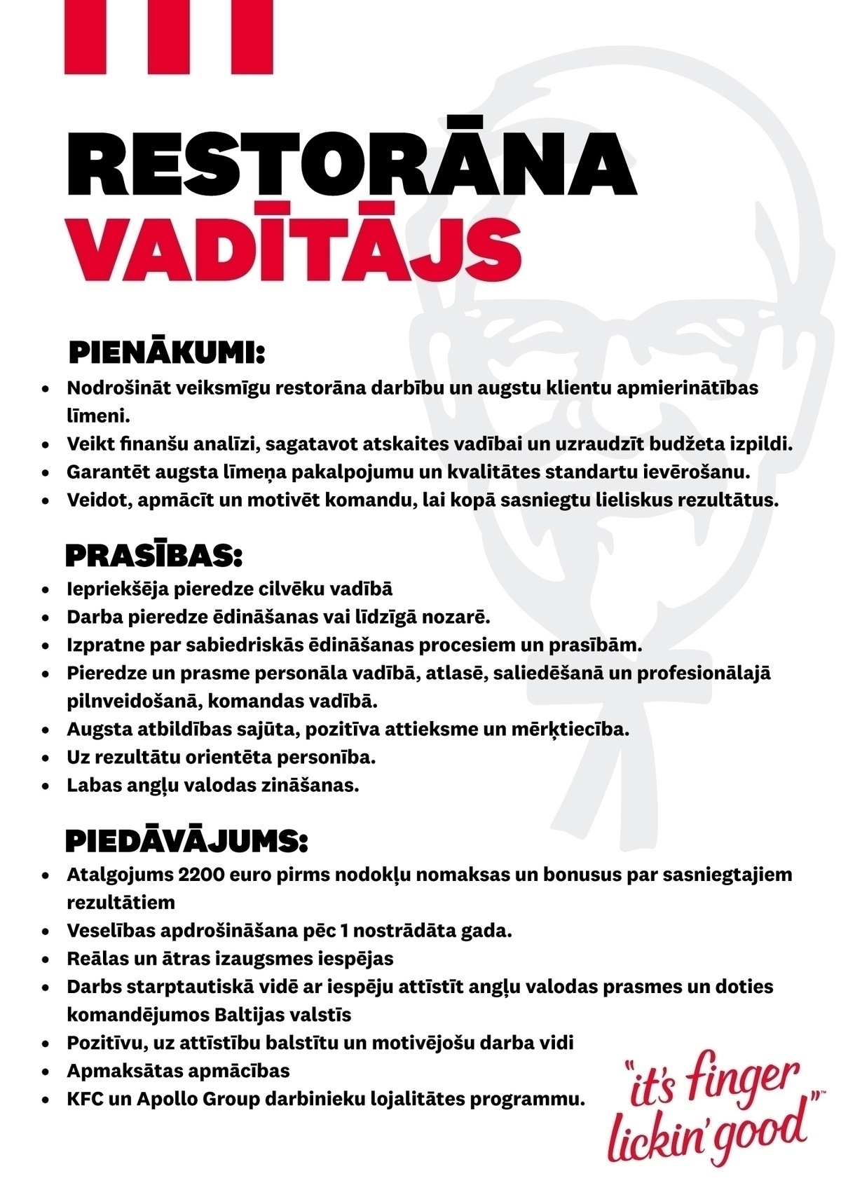 APL Fresh Food SIA "KFC" restorāna vadītājs/-a