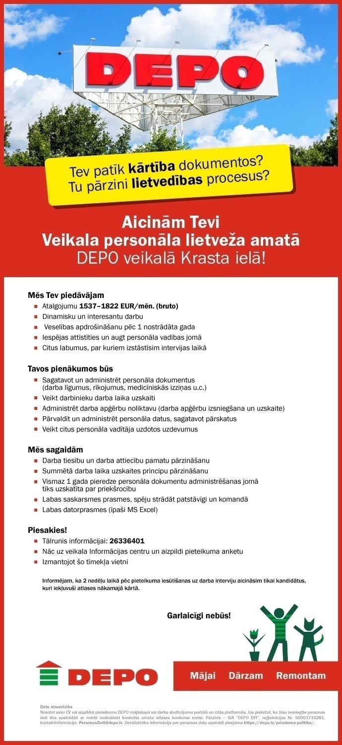 DEPO DIY, SIA Veikala personāla lietvedis/-e Krasta ielā