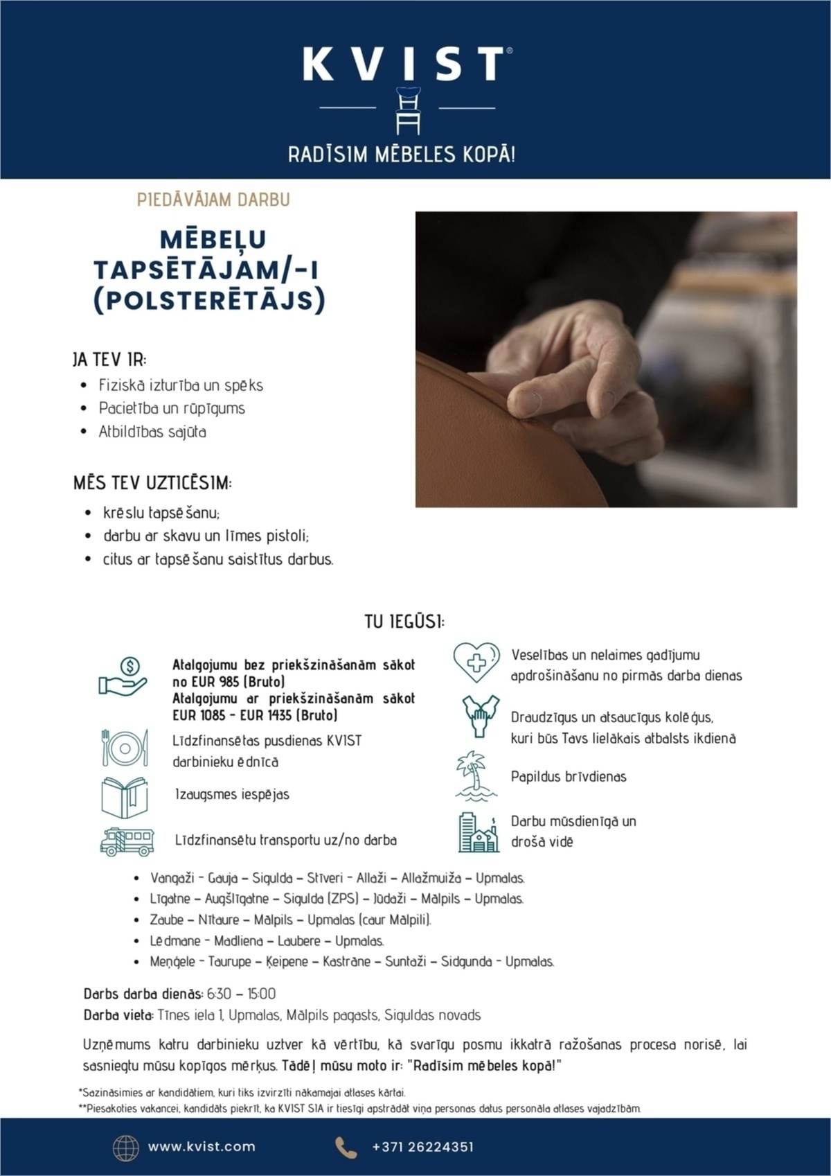 KVIST, SIA Mēbeļu tapsētājs/-a (polsterētājs/-a)