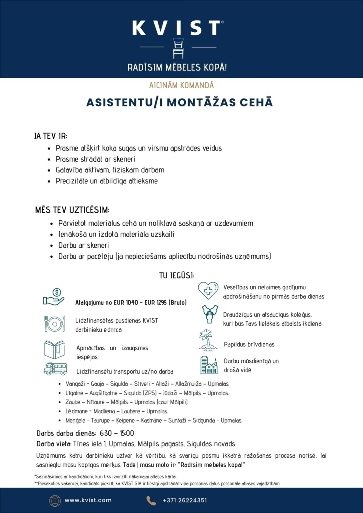 KVIST, SIA Asistents/-e montāžas cehā