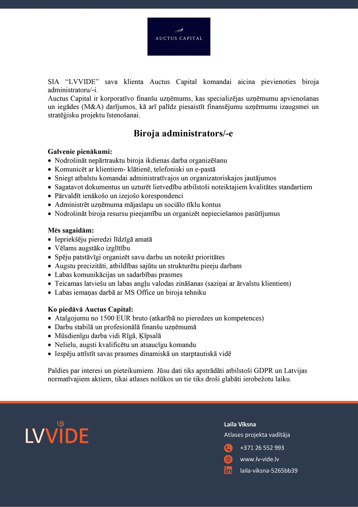 LVVIDE, SIA Biroja administrators/-e