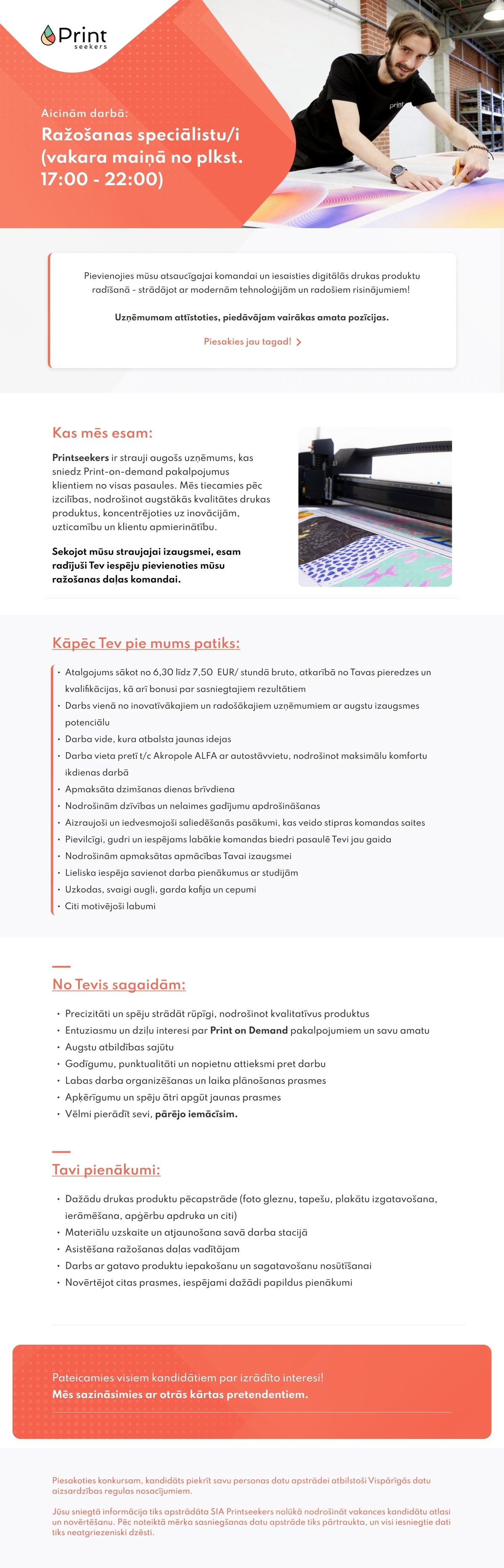 Printseekers, SIA Ražošanas speciālists/-e (vakara maiņā plkst. 17:00 - 22:00)