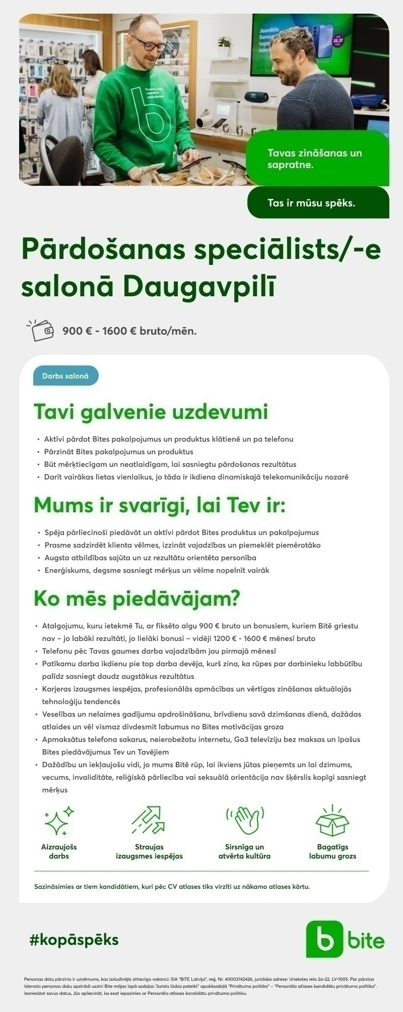 BITE Latvija, SIA Pārdošanas speciālists/-e salonā Daugavpilī