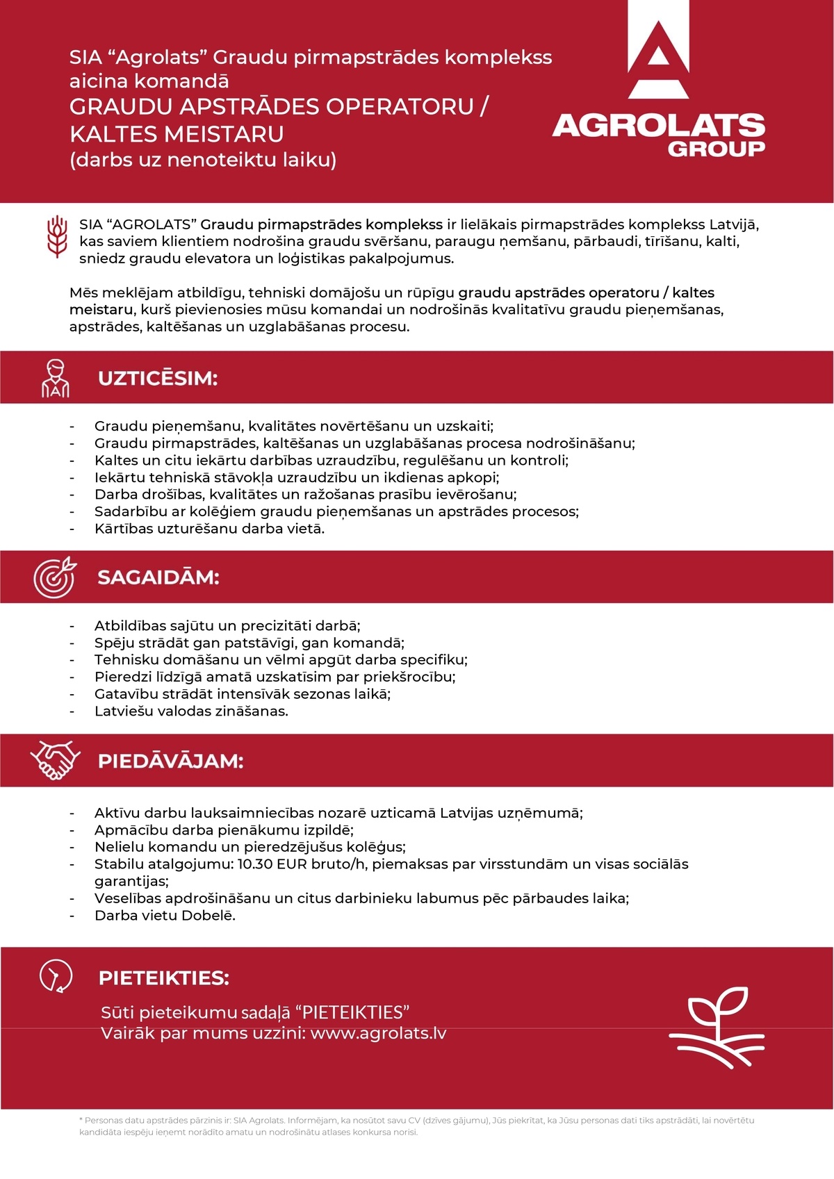 AGROLATS, SIA Graudu apstrādes operators/-e / kaltes meistars/-e