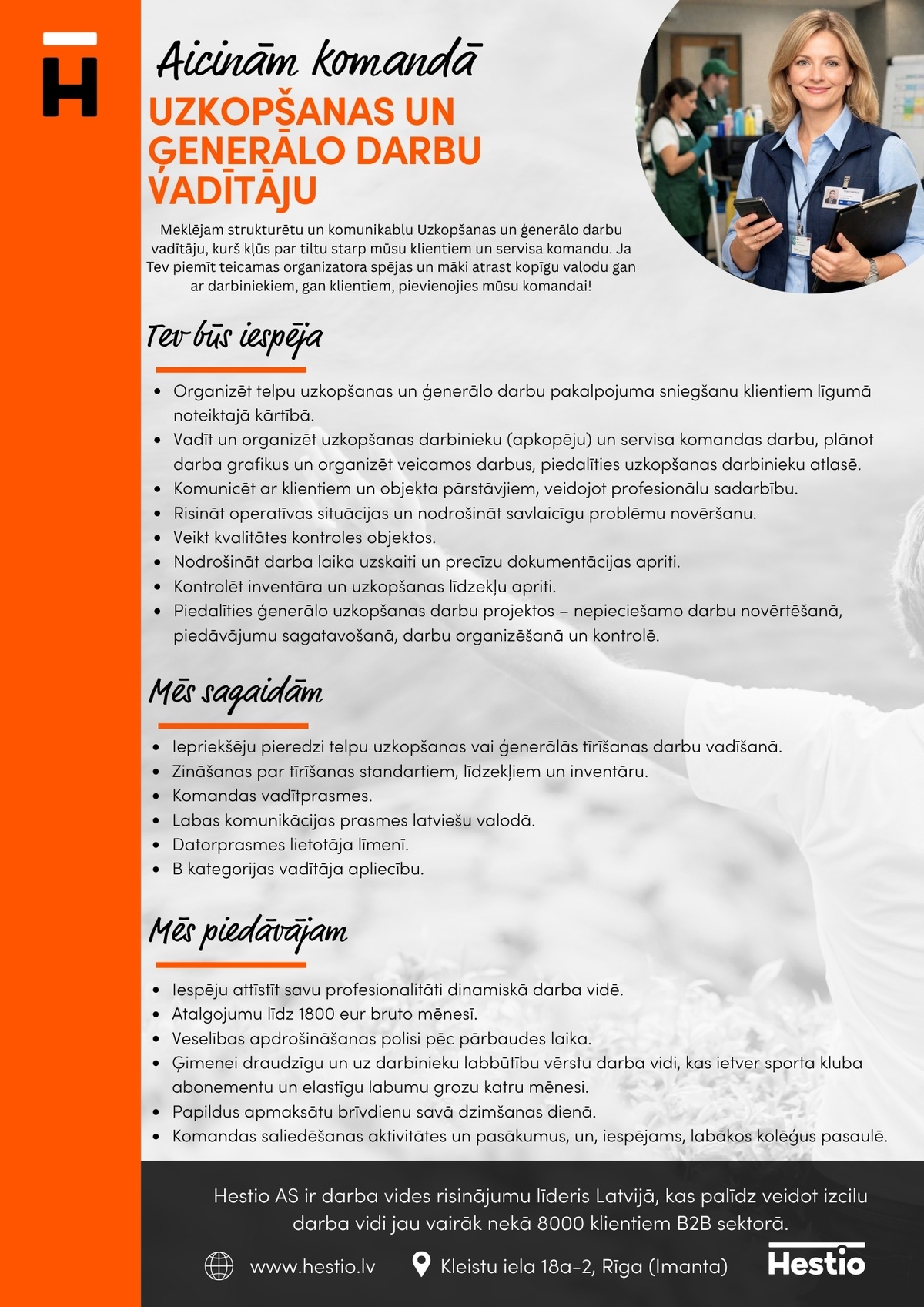 Hestio, AS Uzkopšanas un ģenerālo darbu vadītājs/a