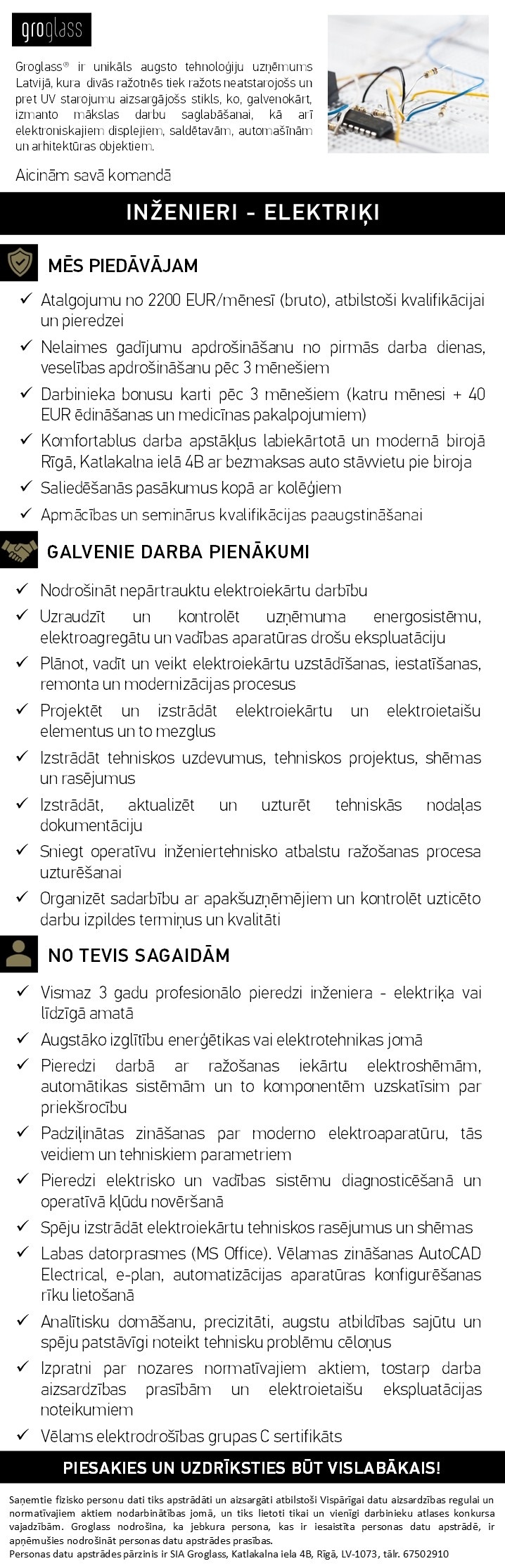 GroGlass, SIA Inženieris/-e - elektriķis/-e