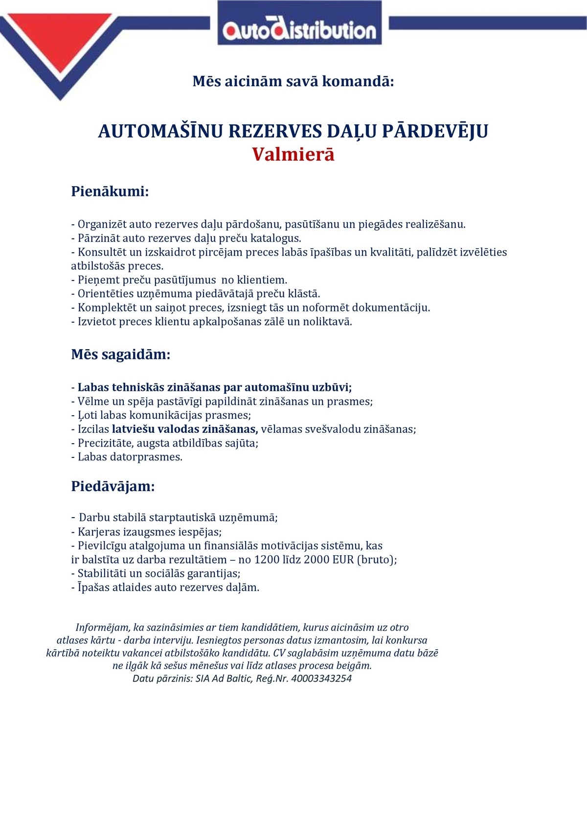 AD BALTIC, SIA Auto rezerves daļu pārdevējs/-a