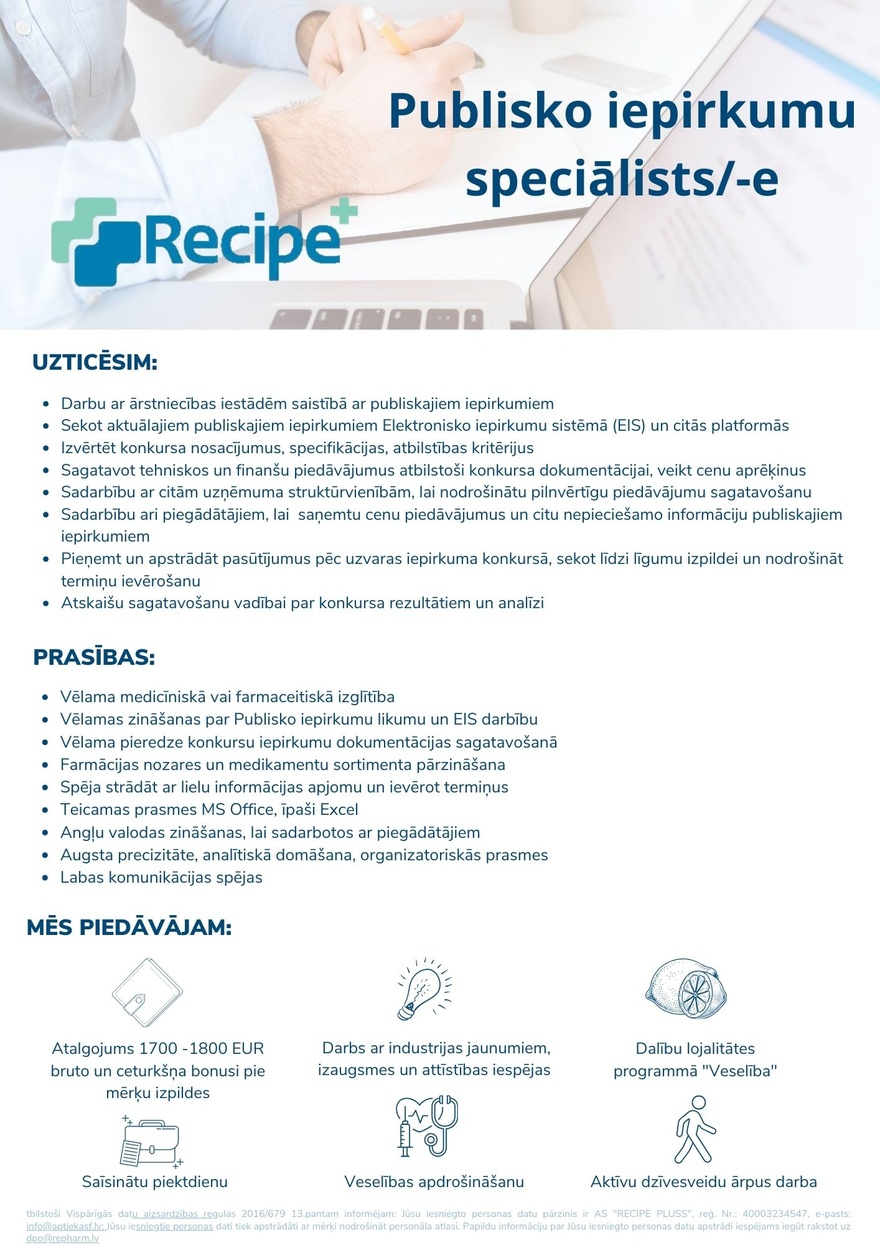 Recipe Plus, AS Publisko iepirkumu speciālists/-e