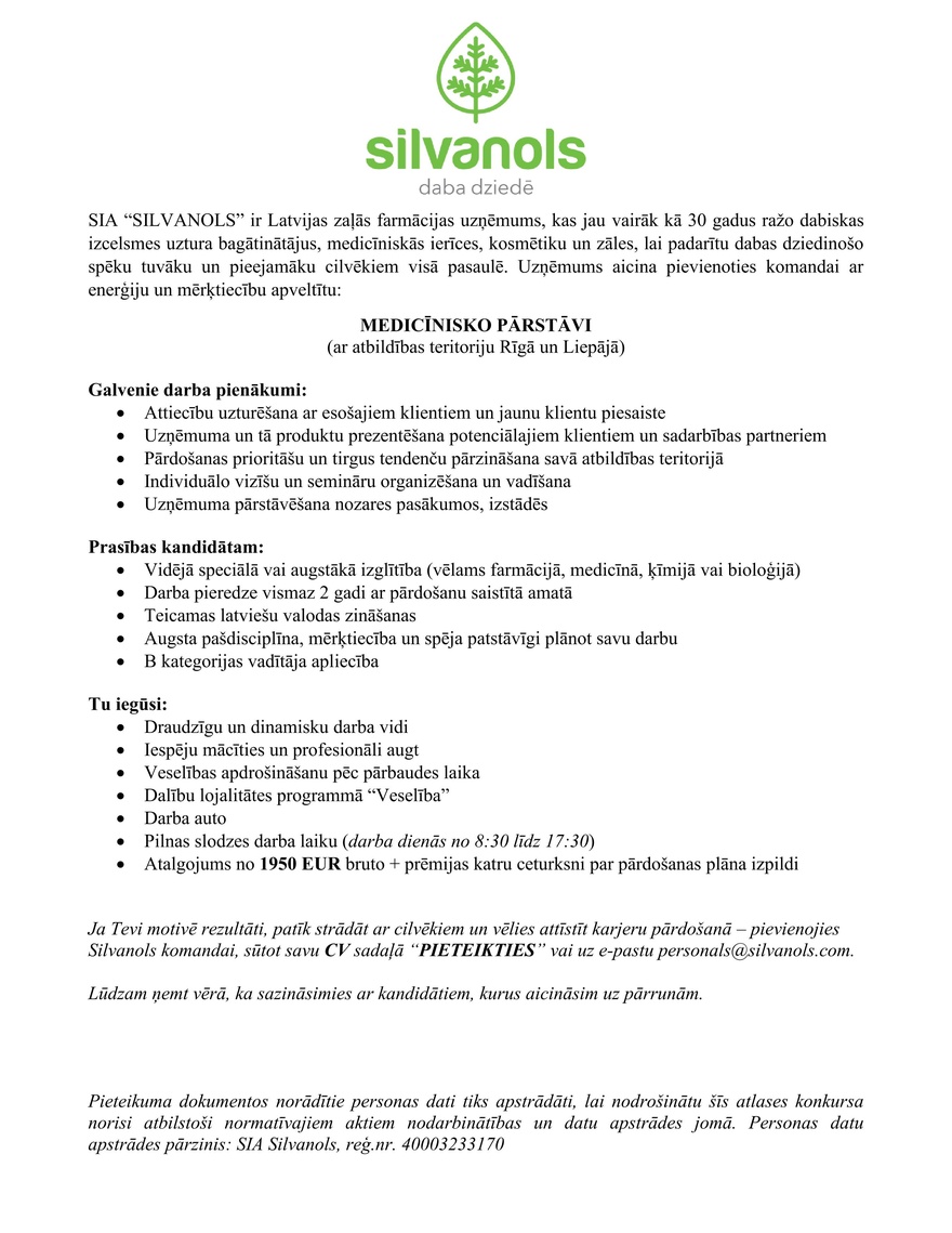 SIA "Silvanols" Medicīniskais pārstāvis/-e