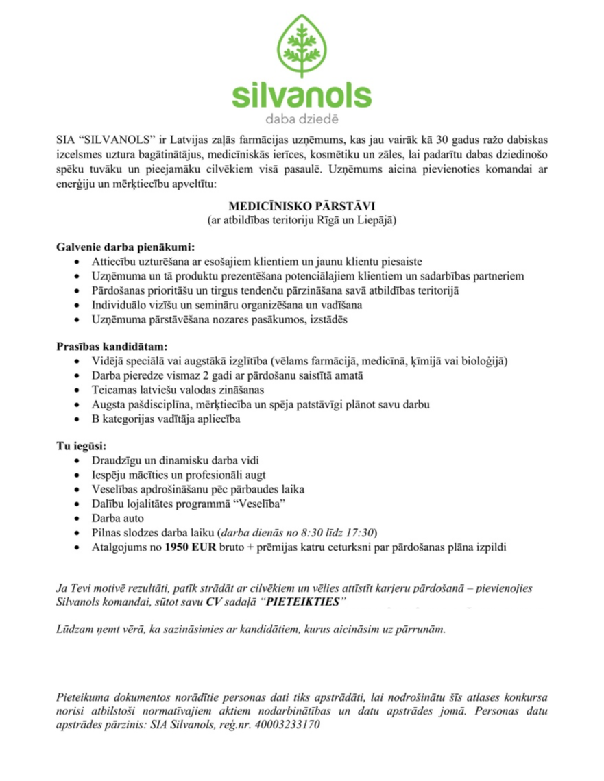SIA "Silvanols" Medicīniskais pārstāvis/-e