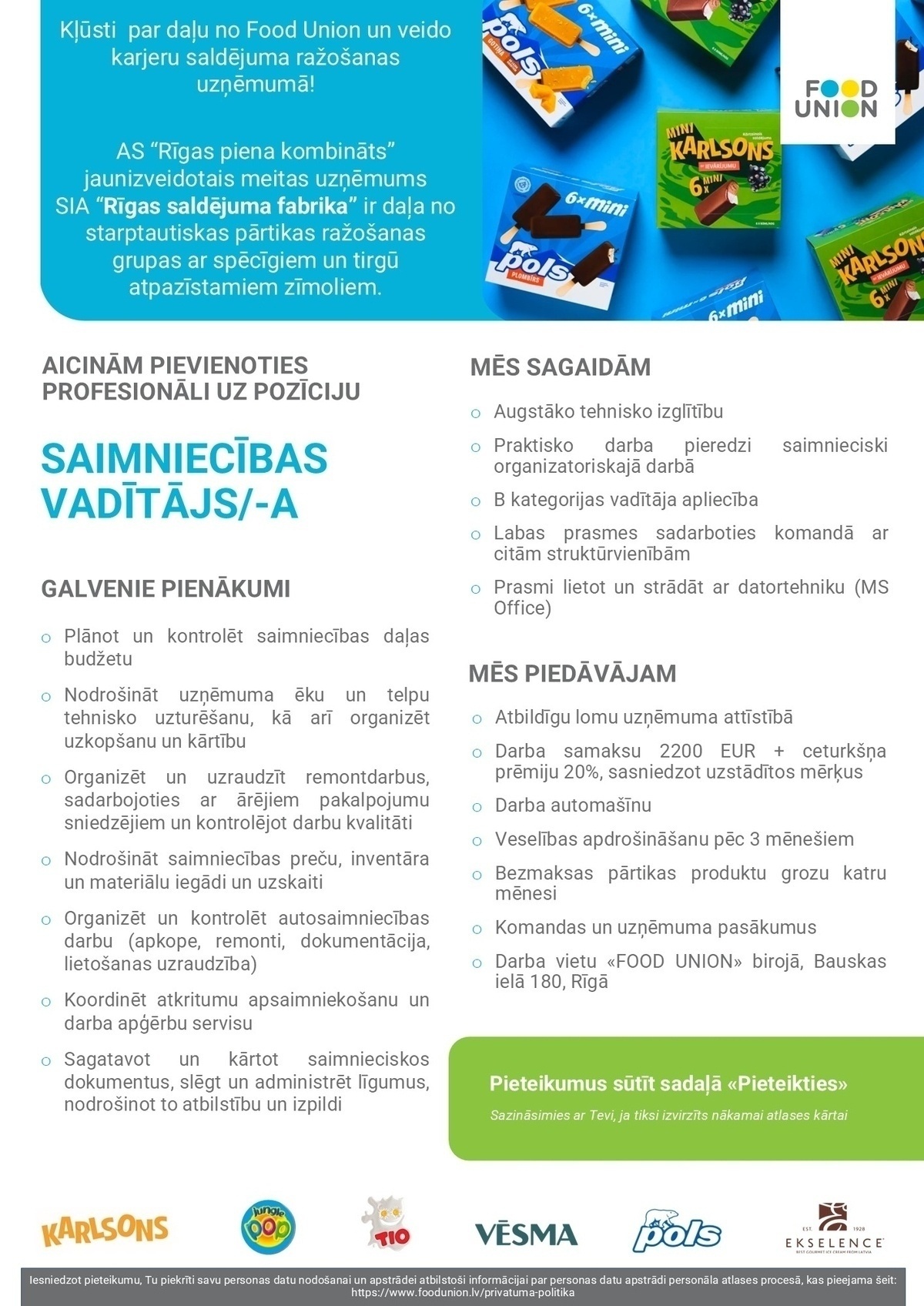 RĪGAS PIENA KOMBINĀTS, AS Saimniecības vadītājs/-a