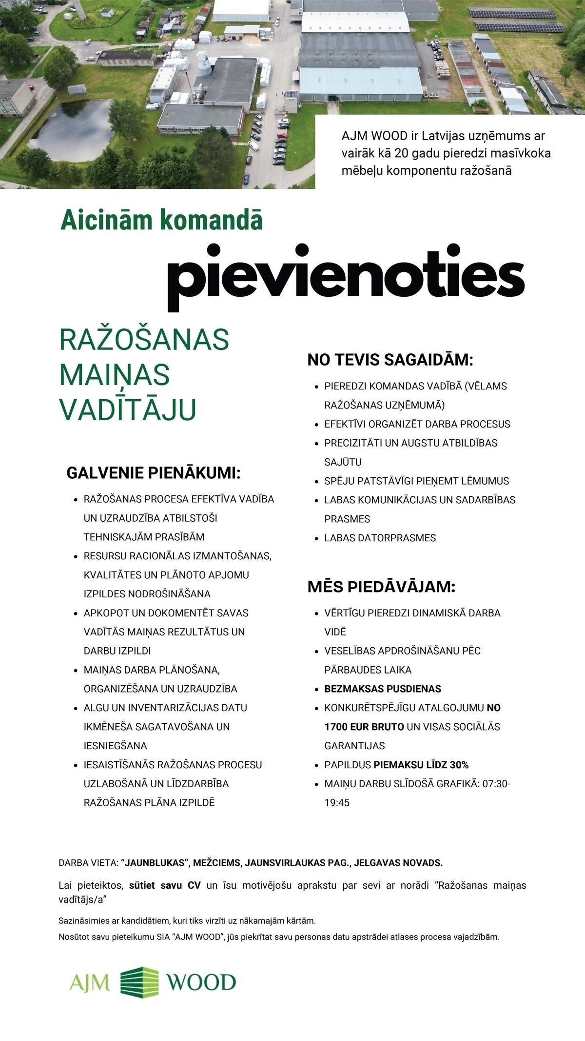 AJM WOOD, SIA Ražošanas maiņas vadītājs/-a