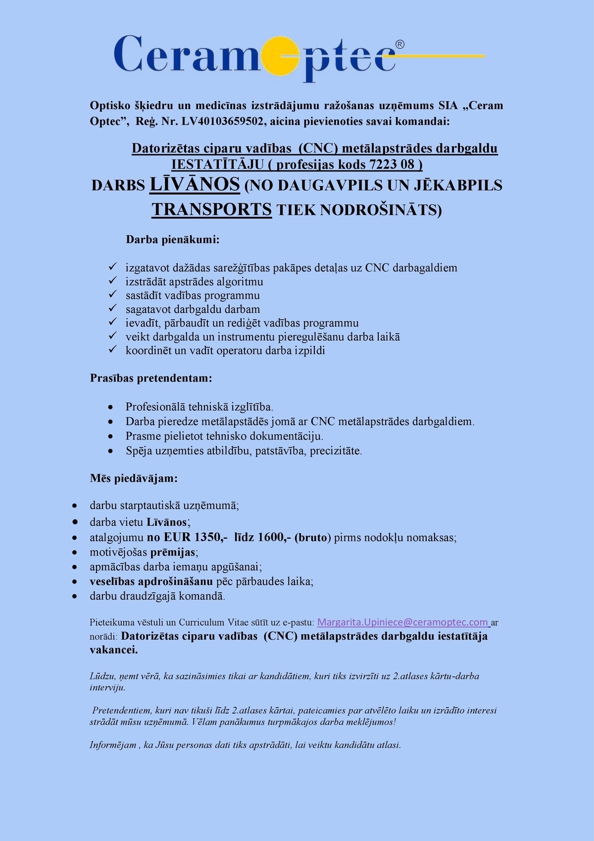 Ceram Optec, SIA Datorizētās ciparu vadības (CNC) metālapstrādes darbgaldu iestatītājs