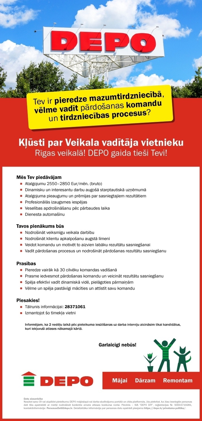 DEPO DIY, SIA Veikala vadītāja vietnieks/-ce Rīgā