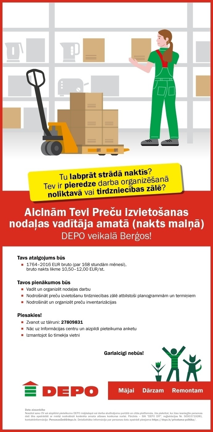 DEPO DIY, SIA Preču izvietošanas nodaļas vadītājs/-a nakts maiņā Berģos