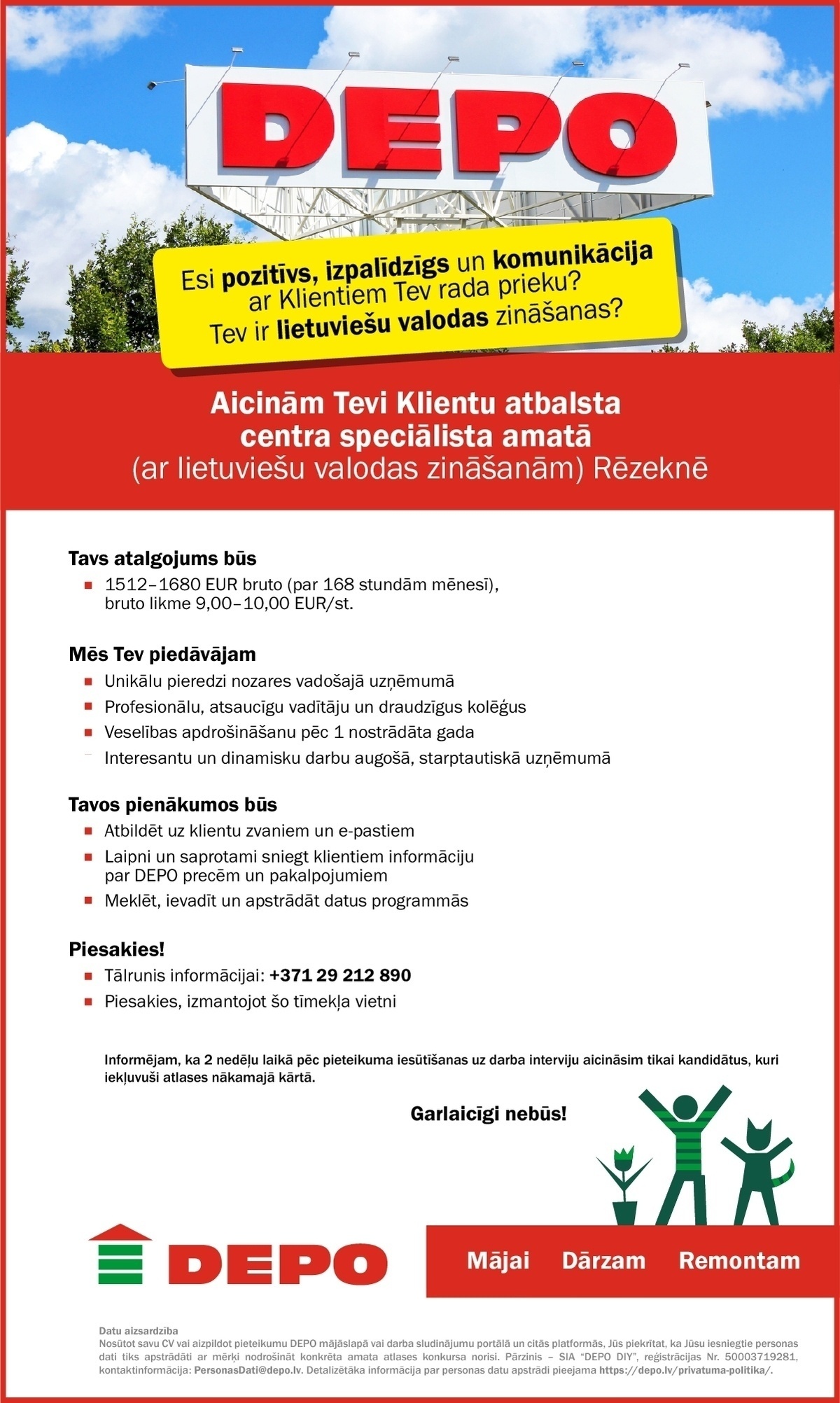 DEPO DIY, SIA Klientu atbalsta centra speciālists/-e (saziņai ar Lietuvas klientiem) Rēzeknē