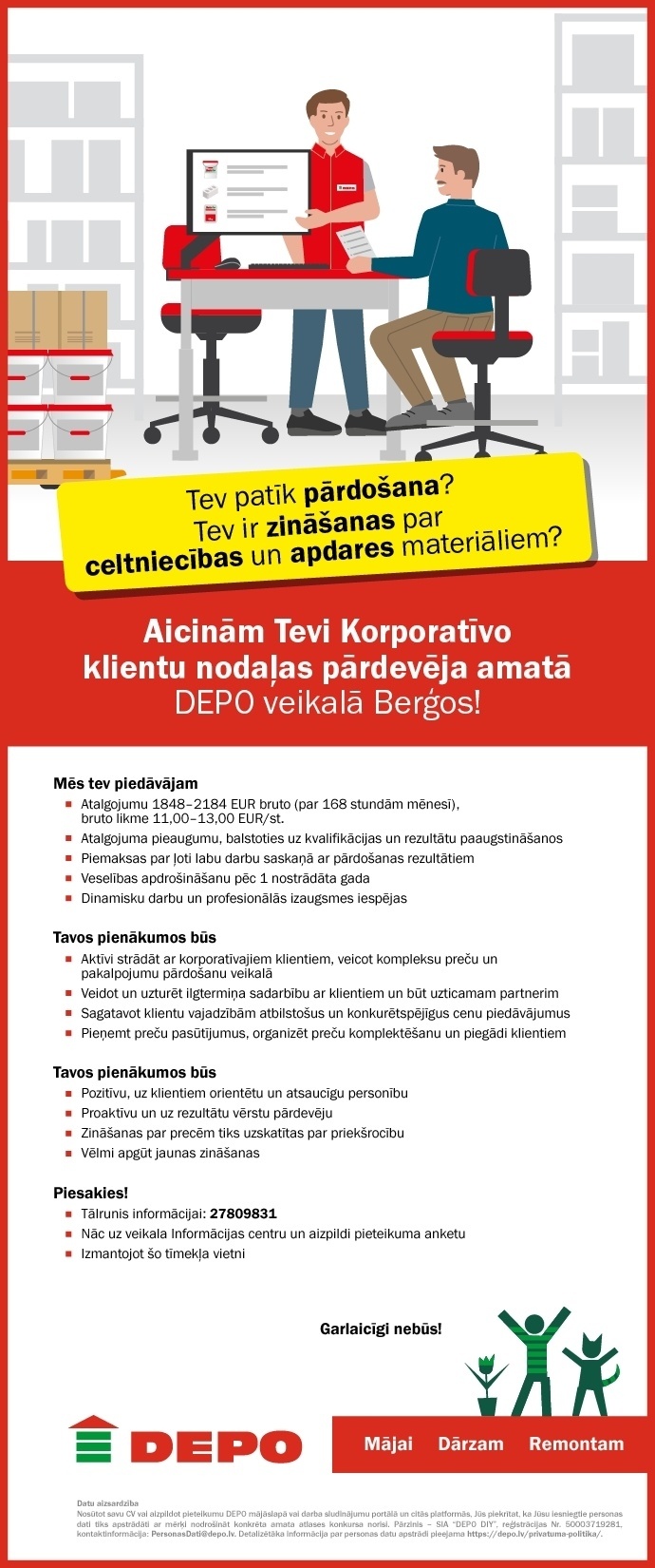 DEPO DIY, SIA Korporatīvo klientu apkalpošanas nodaļas pārdevējs/-a Berģos