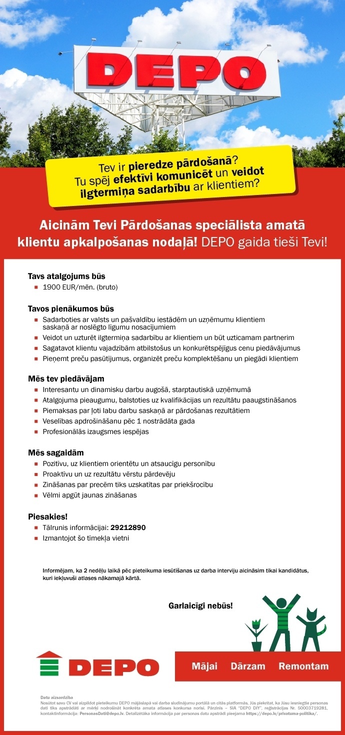 DEPO DIY, SIA Pārdošanas speciālists/-e klientu apkalošanas nodaļā