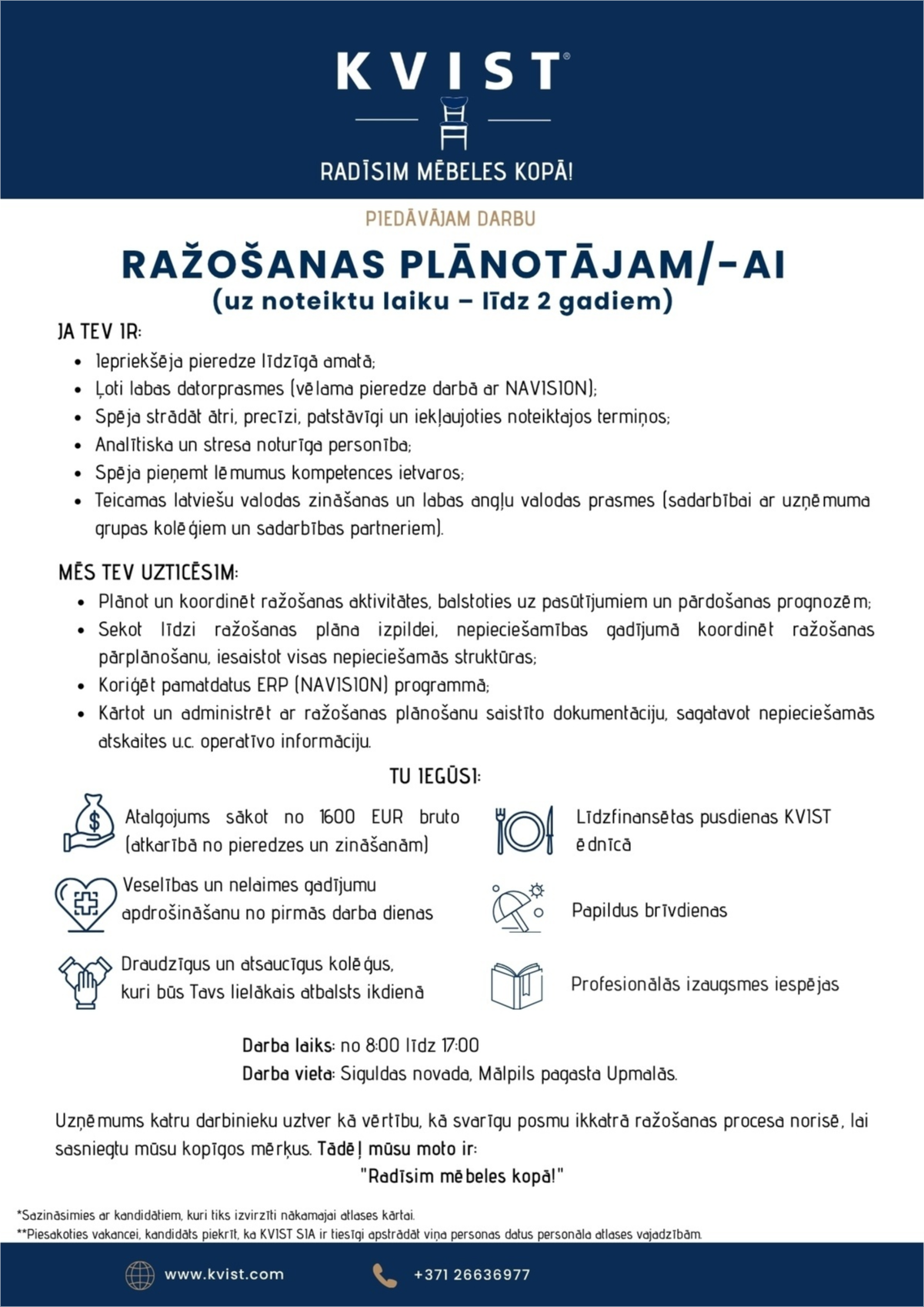 KVIST, SIA Ražošanas plānotājs/-a