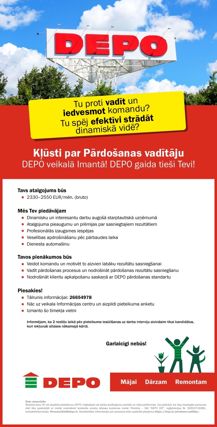 DEPO DIY, SIA Pārdošanas vadītājs/-a Imantā