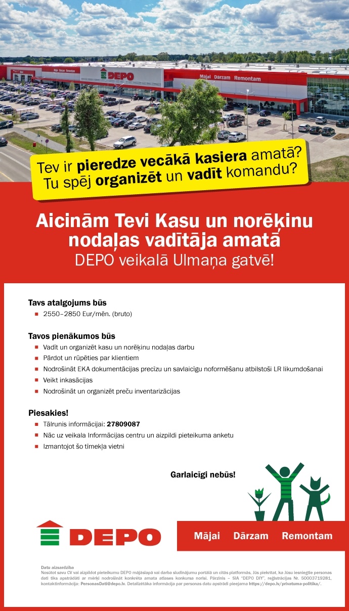 DEPO DIY, SIA Kasu un norēķinu nodaļas vadītājs/-a Ulmaņa gatvē
