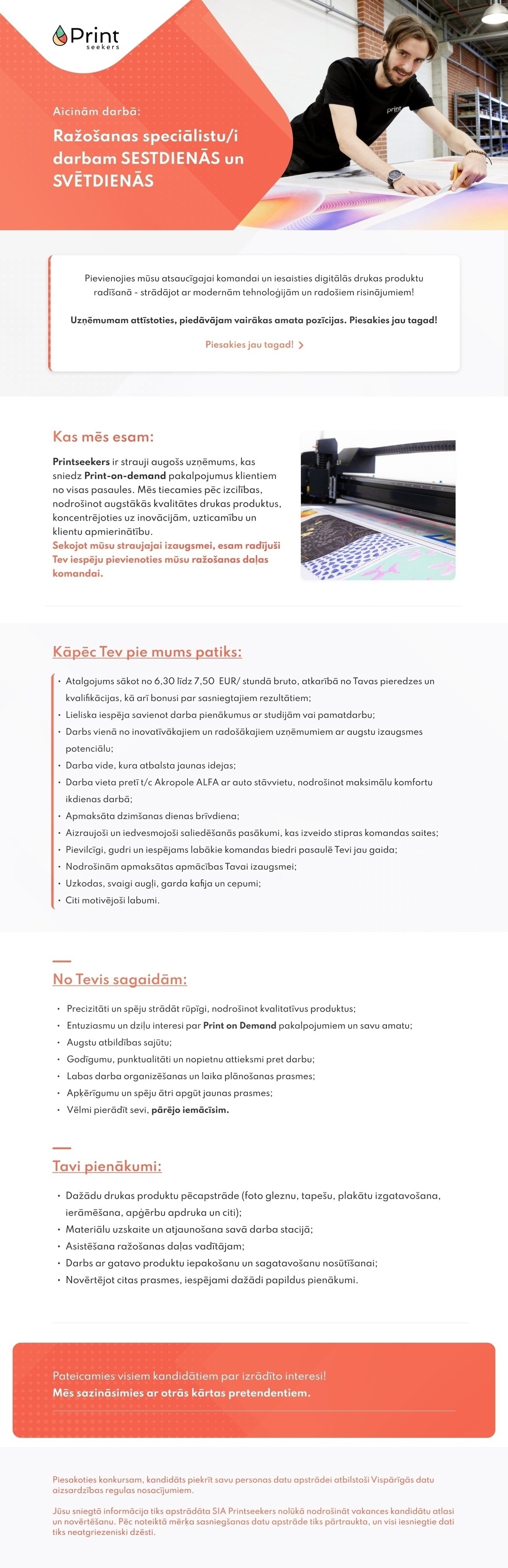 Printseekers, SIA Ražošanas speciālists/-e (sestdienās, svētdienās)