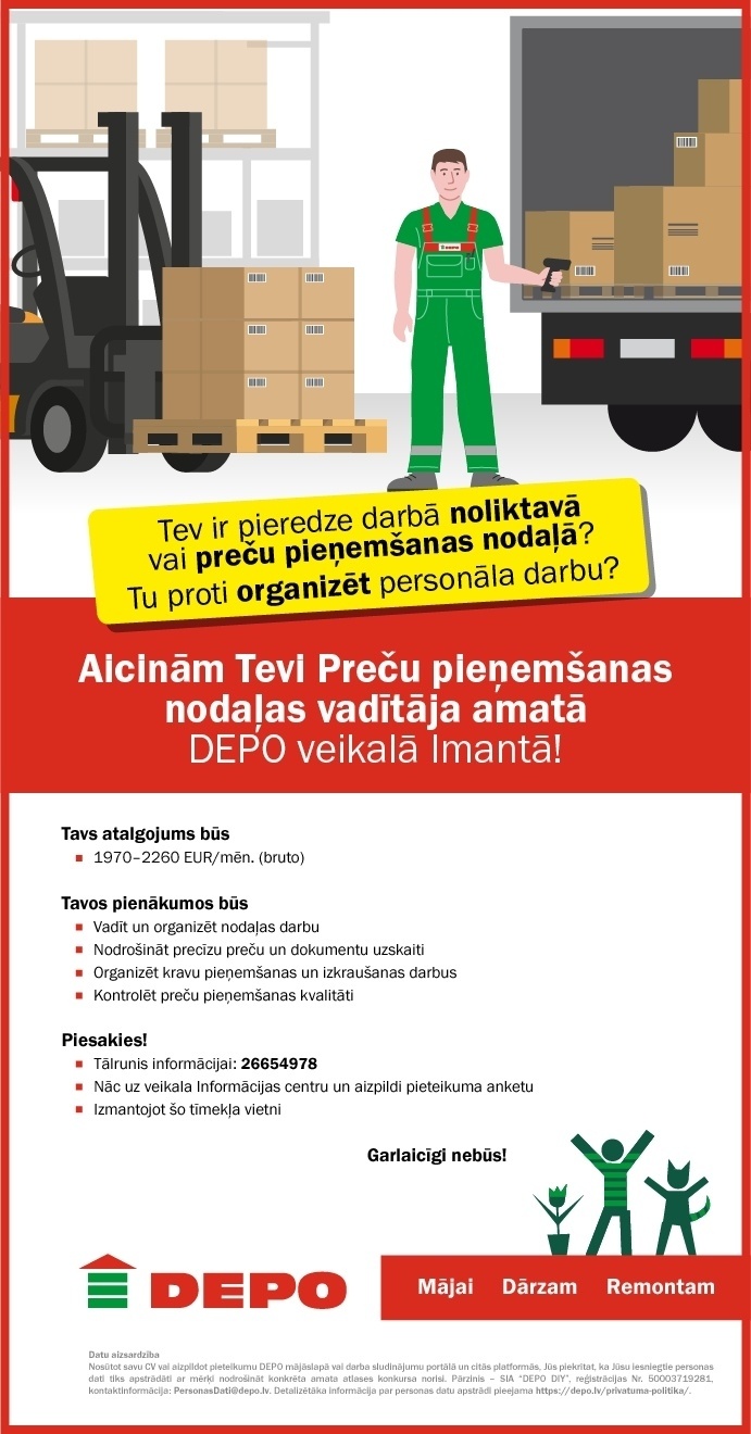 DEPO DIY, SIA Preču pieņemšanas nodaļas vadītājs/-a Imantā