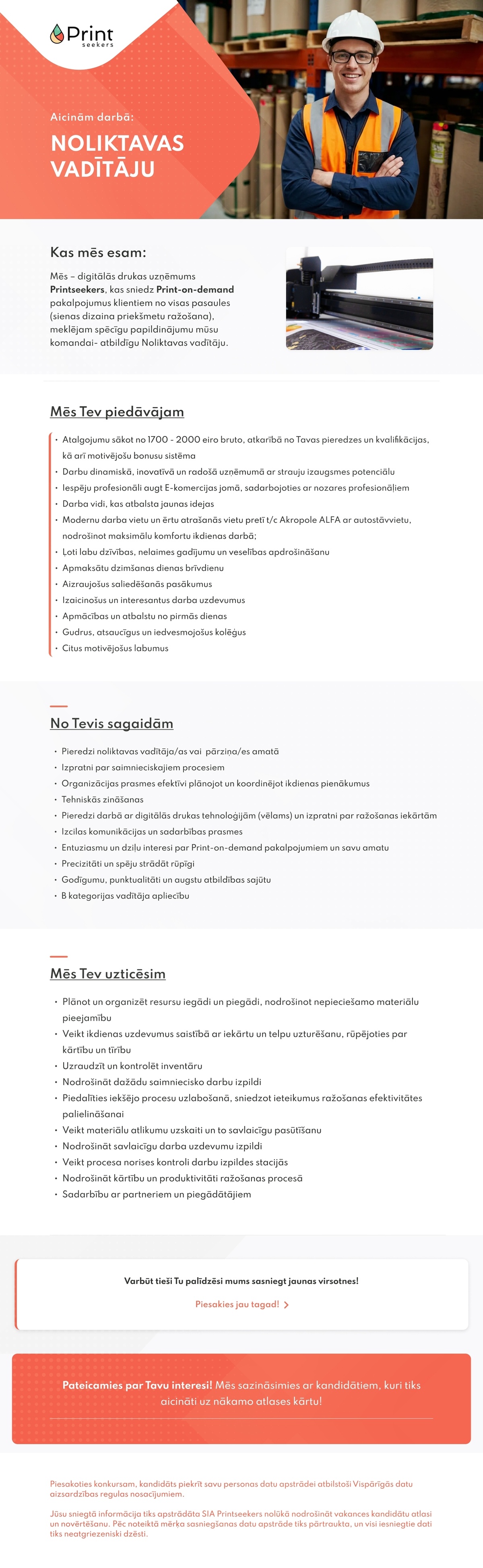 Printseekers, SIA Noliktavas vadītājs/-a