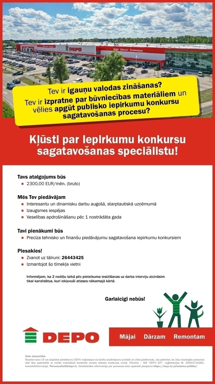 DEPO DIY, SIA Iepirkumu konkursu sagatavošanas speciālists/-e ar igauņu valodas zināšanām